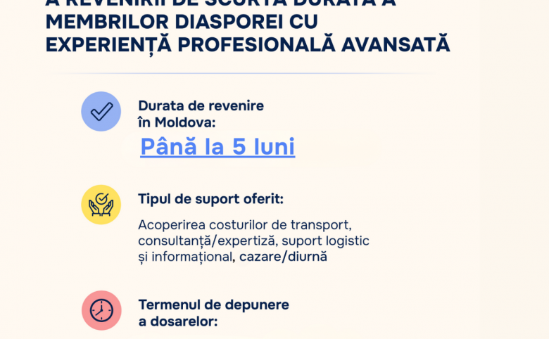 Oportunitate de finanțare în cadrul Programului de susținere a revenirii de scurtă durată a membrilor diasporei cu experiență profesională avansată