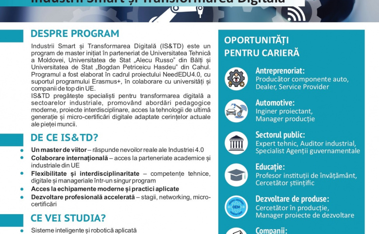 Start admitere la Programul de master ,,Industrii Smart și Transformare Digitală” în cadrul proiectului NeedEDU4.0